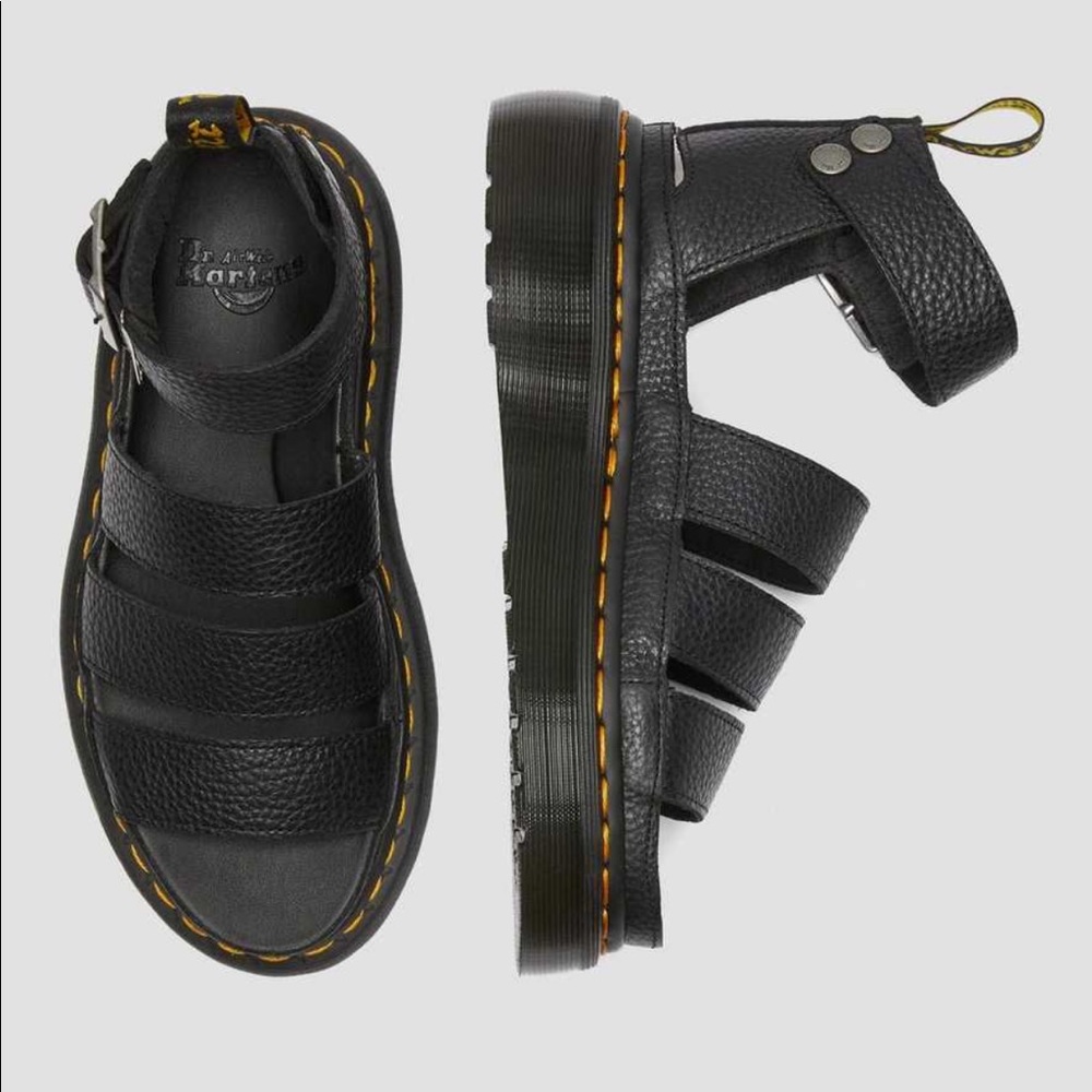 Dr. Martens Black Leather Platform Fisherman Sandals with Yellow Stitching